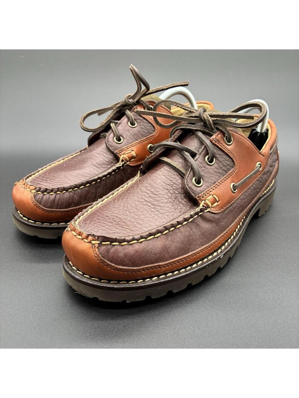 LL Bean Allagash Boat Shoes Mens 10 D Brown Bison Leather Handsewn Moccasin